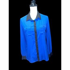 American Eagle Outfitters Blue & Black Button Down Color Block Blouse, Size M
